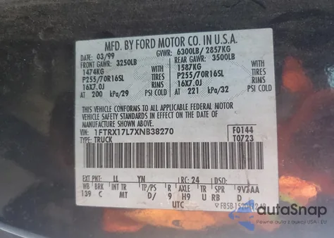 1999 Ford F150 z USA, uszkodzony, nr VIN 1FTRX17L7XNB38270